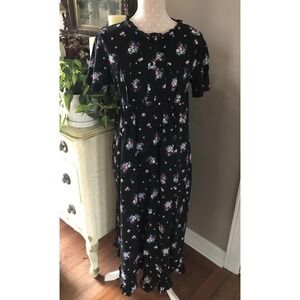 Cozee Corner Knit Gown House Dress Black Floral Ruffle Lace Women's Medium